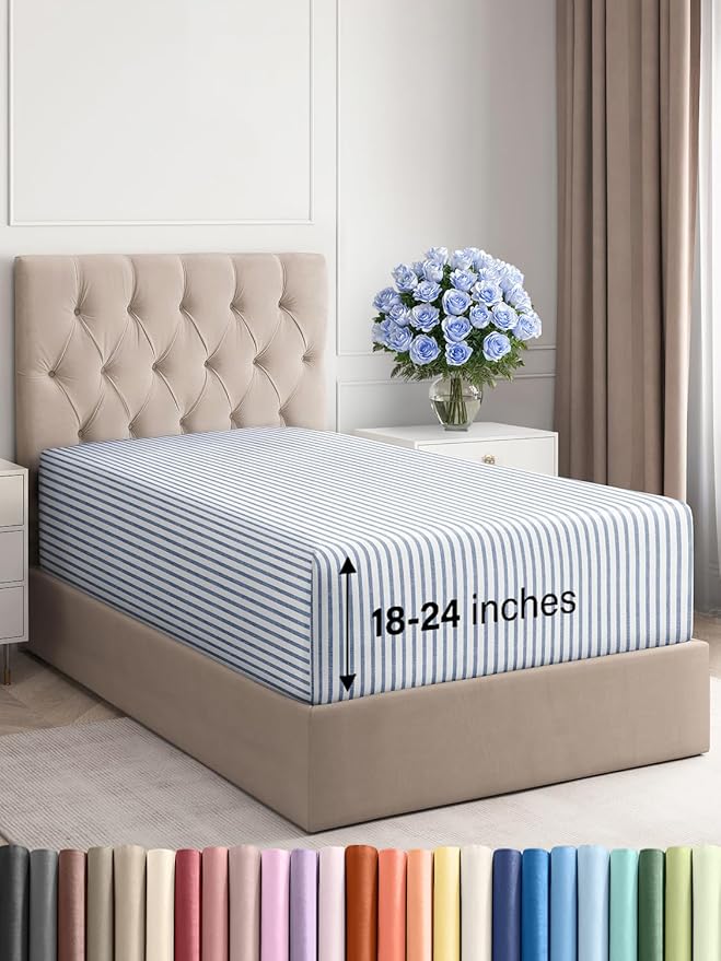Extra Deep Twin XL Fitted Sheet - Hotel Luxury Single Fitted Sheet Only - Easily Fits 18 inch to 24 inch Mattress - Ultra Soft, Wrinkle Free w/Extra Deep Pockets - Breathable & Comfy - Blue Stripes