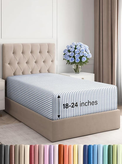 Extra Deep Twin XL Fitted Sheet - Hotel Luxury Single Fitted Sheet Only - Easily Fits 18 inch to 24 inch Mattress - Ultra Soft, Wrinkle Free w/Extra Deep Pockets - Breathable & Comfy - Blue Stripes