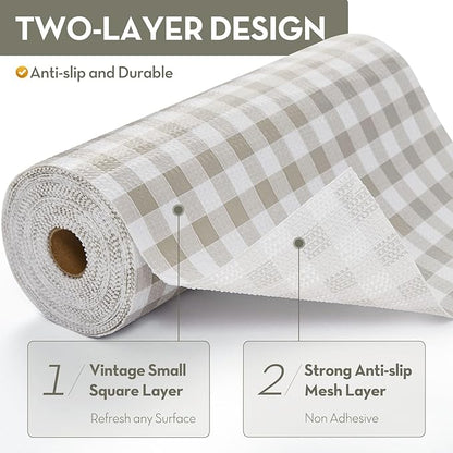 Drawer Shelf Liner, Non-Slip Kitchen Cabinet Liners Non-Adhesive Thick Strong Grip Waterproof Mats Protect Dresser Shelves Cupboard Bathroom Cabinets, Green Plaid, 17.5 in X 20 FT