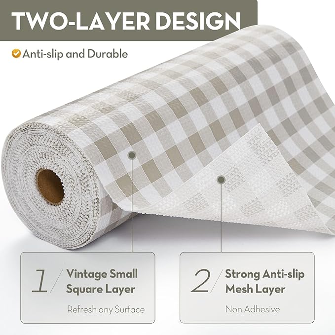 Drawer and Shelf Liner, Non-Slip Kitchen Cabinet Liners Non-Adhesive Thick Strong Grip Waterproof Washable Mats Protect Dresser Shelves Cupboard Bathroom Cabinets, Green Plaid, 12 in X 20 FT