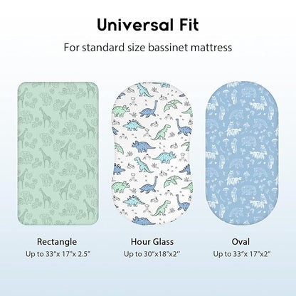 Baby Bassinet Sheets Girl Boy, Fitted Bassinet Sheet Set 3 Pack Bassinet Mattress Sheets Universal Fit for Rectangle, Round, Oval, Hourglass Mattress, Soft Breathable Green & Blue Dinosaur