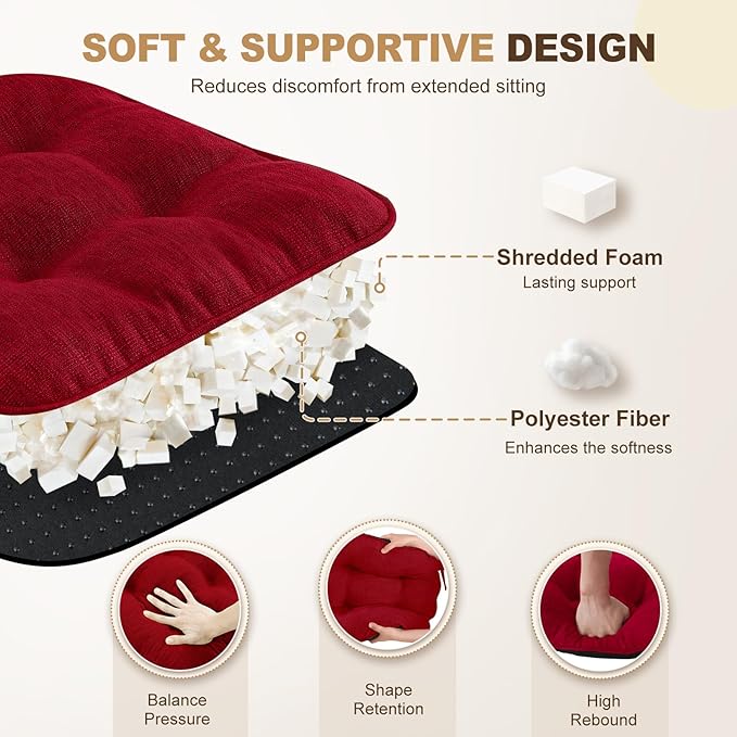 downluxe Indoor Chair Cushions for Dining Chairs, Tufted Overstuffed Textured Kitchen Chair Pads with Ties and Non-Slip Backing, 15.5" x 15.5" x 4", Red, 4 Pack