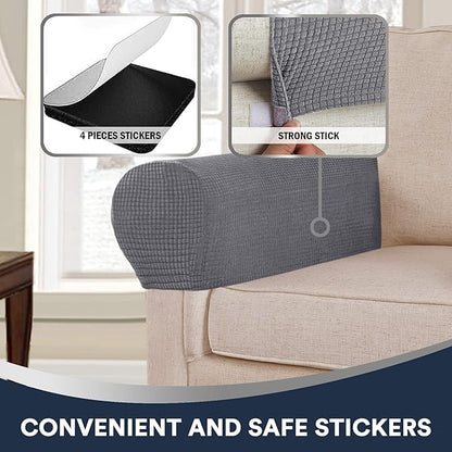 Stretch Sofa Arm Covers Spandex Jacquard Anti-Slip Couch Arm Covers with Sticker Furniture Armrest Protector for Sofa Couch Chair Recliner, Set of 2, Grey