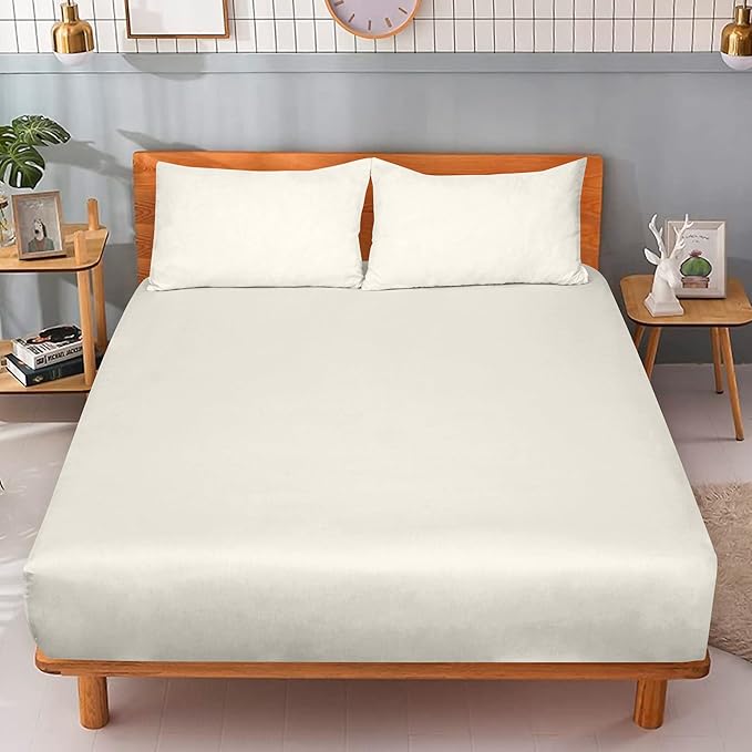 ROYALE LINENS 300 Thread Count 100% Long Staple Combed Cotton Fitted Sheet Queen - Super Soft Deep Pocket Bottom Sheet - Fitted Sheets Only - Elastic Sheets (Queen, Cream)