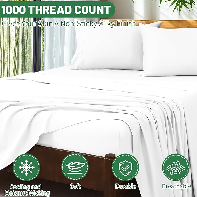 Extra Deep Pocket King Sheets 18-24 Inch 100% Egyptian Cotton 1000 Thread Count Sateen Weave Soft Breathable 4 Pieces（King，White）