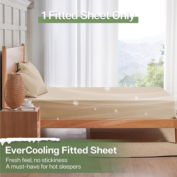 MR&HM Twin Fitted Sheet Only, Ultra-Soft Rayon Derived from Bamboo & Polyester Blend, Silky & Breathable, 15" Deep Pocket with Elastic Straps, Cooling Fitted Sheet for Hot Sleepers, Beige