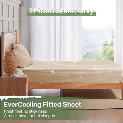 MR&HM Twin Fitted Sheet Only, Ultra-Soft Rayon Derived from Bamboo & Polyester Blend, Silky & Breathable, 15" Deep Pocket with Elastic Straps, Cooling Fitted Sheet for Hot Sleepers, Beige