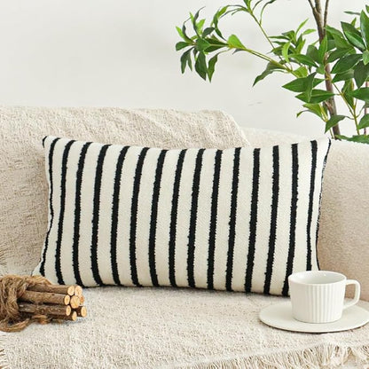 Jonhier White Striped Lumbar Boho Throw Pillow Cover, Modern Boucle Textured Rectangle Pillowcase for Sofa Couch Bed, Neutral Farmhouse Accent Decorative Cushion Cover for Living Room, 12 x 20 inch