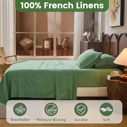 100% Linen Sheets Queen Size,Breathable & Durable 4-Piece Bed Flax Sheet Set,Soft All-Season Bedding for Hot Sleepers 16" Deep Pocket Oeko-TEX Certified,（Queen, Sage Green）