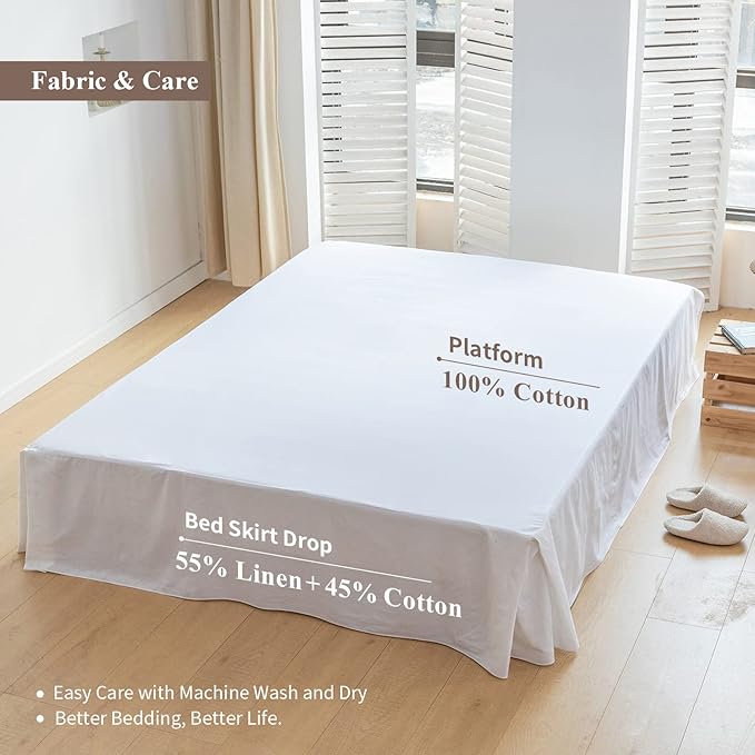BISELINA French Linen Bed Skirt with Pleated Corner 14-Inch Tailored Drop Natural Flax Cotton Blend Basic Dust Ruffle Soft Cozy Farmhouse Bedding (14" Queen, Basic White)