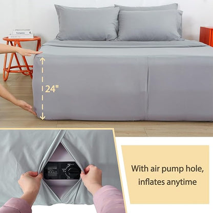Air Mattress Sheet Set Queen Size,6 Piece Deep Pocket Bed Sheet Set for 16-24 Inch Air Bed,Easy Inflate Access,Perfect for Guest Room, RV, Camping,Gray