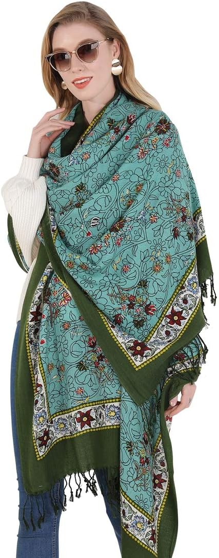 DANA XU 100% Merino Wool Pashmina Shawl for Women 96"x43", Oversized Cashmere Wrap with Tassels, Floral Travel Blanket Cape