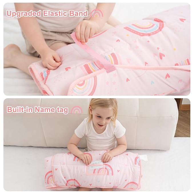 Viviland Toddler Nap Mat with Pillow and Minky Dot Blanket, Large Thick Rolled Sleeping/Slumber Bags, Kids Girls Sleeping Mat for Preschool, Daycare, Kindergarten, Travel Camping- Pink Rainbow