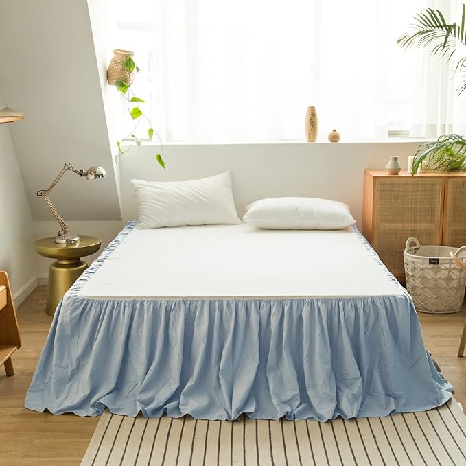 BISELINA French Linen Bed Skirt with Pleated Frills 22-Inch Tailored Drop Natural Flax Cotton Blend Dust Ruffle Soft Cozy Farmhouse Bedding (22" King, Dusty Blue)