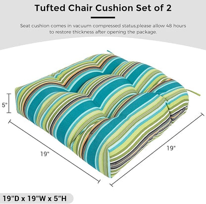 FUNHOME Outdoor Chair Cushions 19 x19 Inch,Water Resistant Tufted Seat Cushions 19",Reversible,Weather Resistant,Rounded Back Wicker Chair Cushion for Patio Garden Furniture(Green Stripe)