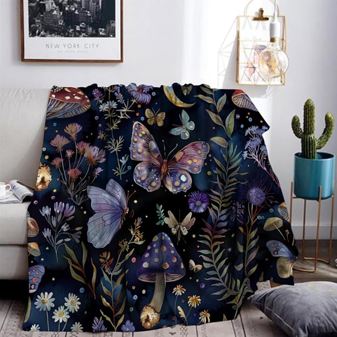 Celestial Witch Garden Throw Blankets Butterfly Moon Flower Fleece Throw Blanket,Dark Botanical Floral Plant Boho Cozy Decor Nap Blankets for Sofa Bed Couch Chair or Dorm Throws 50"x60"