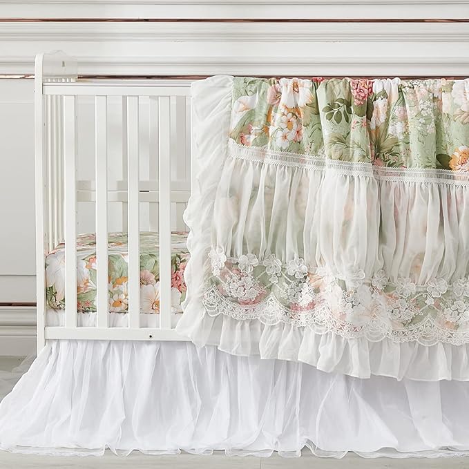 Brandream Crib Bed Skirt for Baby Girls Boys White Lace Tulle Ballerina Girls Dust Ruffle Double Layered with Solid Cotton Toddler Bedskirt