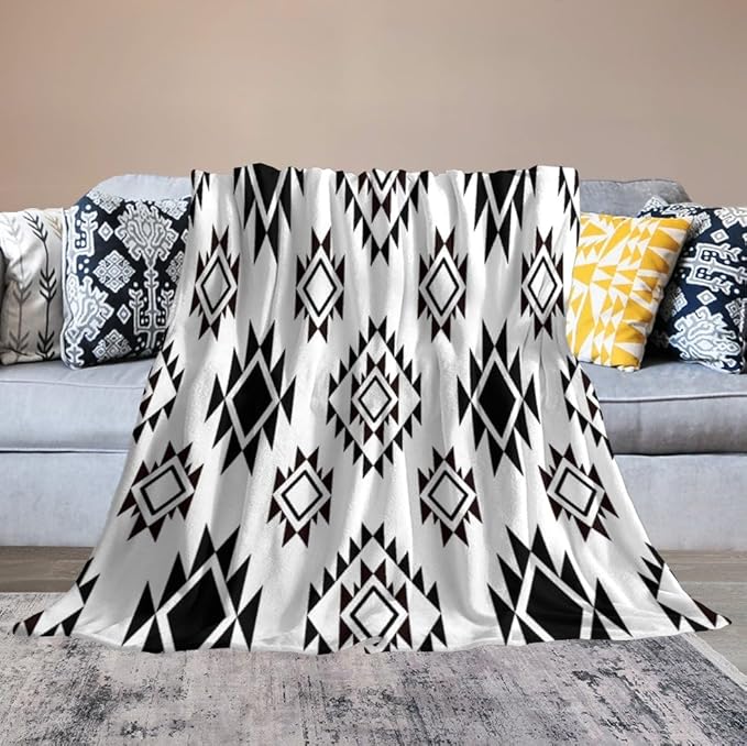 Boho Throw Blanket, Black and White Native Blankets, Vintage Tribal Aztec Printed Flannel Blanket for Chair Bed Sofa Couch 30"x40"
