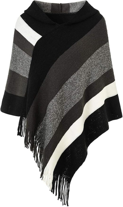Ferand Women's Striped Poncho Sweater Cozy Knit Fringe Shawl Wraps for Fall Winter