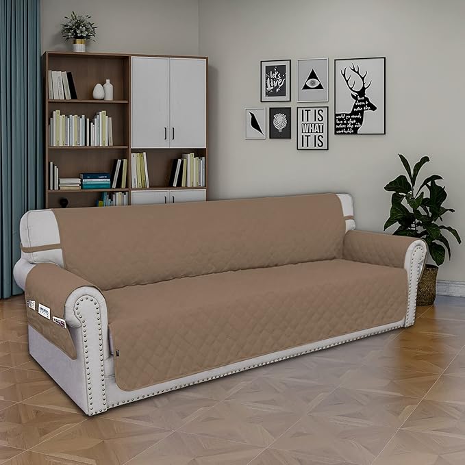 Easy-Going Sofa Slipcover Waterproof Sofa Cover Couch Cover for 4 Cushion Couch with Elastic Straps Washable Non-Slip Furniture Protector Cover for Pets, Dogs, Cat (XX-Large, Camel)