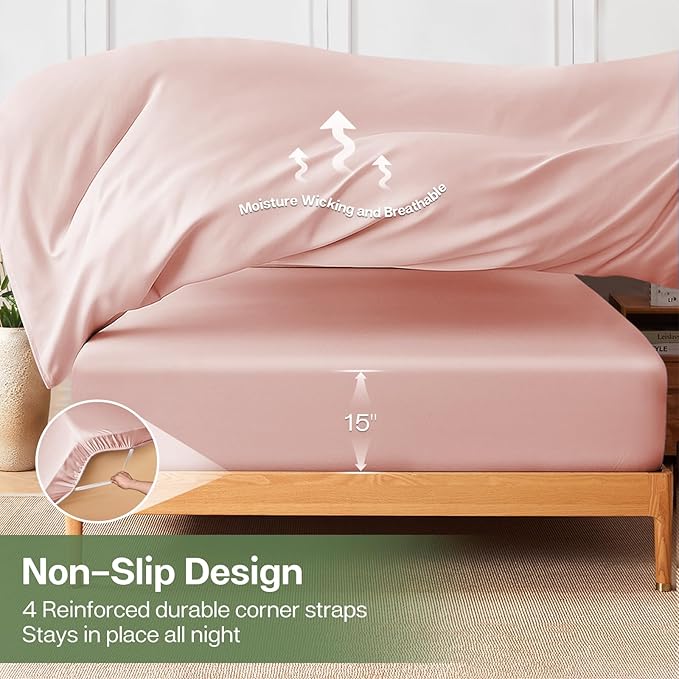 MR&HM Twin XL Fitted Sheet Only, Ultra-Soft Rayon Derived from Bamboo & Polyester Blend, Silky & Breathable, 15" Deep Pocket with Elastic Straps, Cooling Fitted Sheet for Hot Sleepers, Pink
