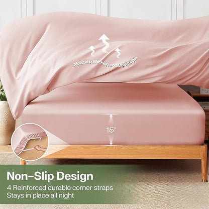 MR&HM King Fitted Sheet Only, Ultra-Soft Rayon Derived from Bamboo & Polyester Blend, Silky & Breathable, 15" Deep Pocket with Elastic Straps, Cooling Fitted Sheet for Hot Sleepers, Pink