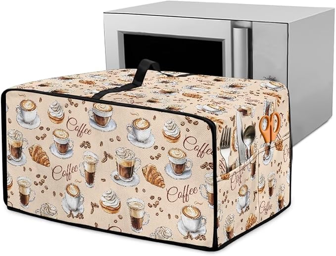 Waterproof Microwave Oven Dust Cover Heavy Duty Microwave Oven Grill Cover Dustproof Kitchen Machine Covers Case Protections for Toaster Oven, Coffee Cup Bean Bread Cream Print, S