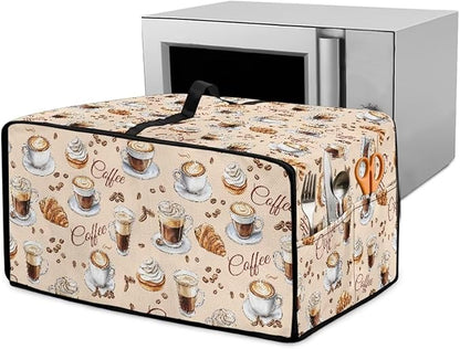 Waterproof Microwave Oven Dust Cover Heavy Duty Microwave Oven Grill Cover Dustproof Kitchen Machine Covers Case Protections for Toaster Oven, Coffee Cup Bean Bread Cream Print, L