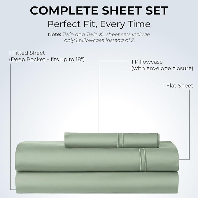 100% Natural Cotton Bed Sheets | 500 TC Single-Ply Sateen Weave Twin Sheets Set | Soft, Breathable, Hypoallergenic Solid 3-Piece Bedding with Deep Pocket Fitted, Flat, Pillowcase | Sage