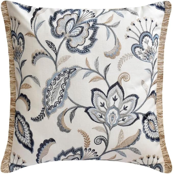 The HomeCentric King/Queen/Twin Blue Designer Full 68"x18" Bed Runner with Pillow Cover, Floral, Embroidered, Jute Lace & Lace Bed Scarf on Cotton Fabric - Morning Glories