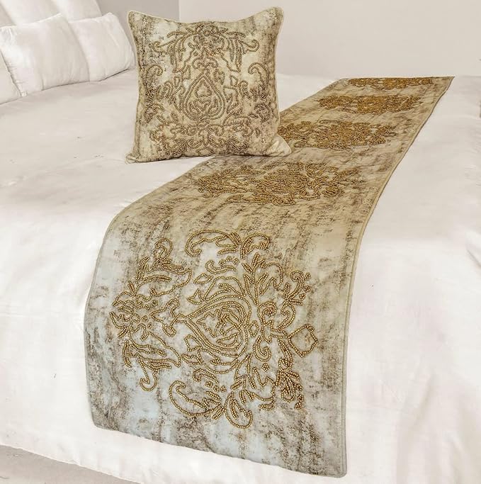 The HomeCentric King/Queen/Twin Ivory & Gold Decorative King 90"x18" Bed Runner with 2 Pillow Cover, Beaded & Foil Bed Scarf on Silk Fabric - Foil Damask Gold