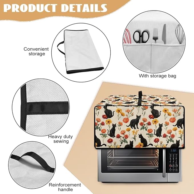 Black Cat Rose Daisy Floral Print Microwave Oven Cover with Storage Pockets Toaster Oven Dust Cover Universal Dustproof Kitchen Appliance Protector Suitable for Most Microwave Ovens, M