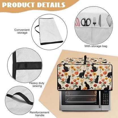 Black Cat Rose Daisy Floral Print Microwave Oven Cover with Storage Pockets Toaster Oven Dust Cover Universal Dustproof Kitchen Appliance Protector Suitable for Most Microwave Ovens, M