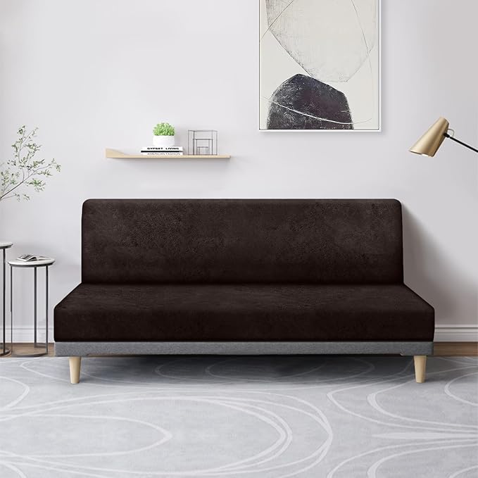 molasofa Leather Like Stretch Futon Slipcover Armless Sofa Cover Furniture Protector with Elastic Bottom, Soft and Washable Futon Cover for Sofa Bed （Medium，Chocolate）