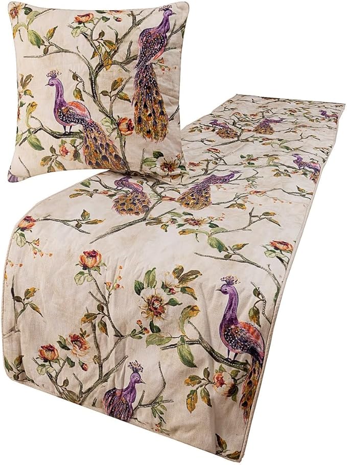 The HomeCentric King Queen Twin Ivory & Multicolor Decorative Full 68"x18" Bed Runner with Pillow Cover, Peacock Bed Scarf on Cotton Printed with Beads Fabric - Peacock Queen