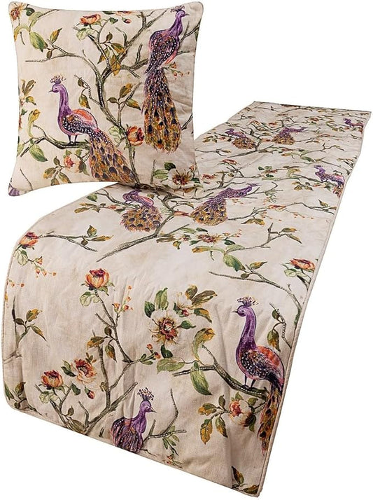 The HomeCentric King Queen Twin Ivory & Multicolor Decorative Full 68"x18" Bed Runner with Pillow Cover, Peacock Bed Scarf on Cotton Printed with Beads Fabric - Peacock Queen