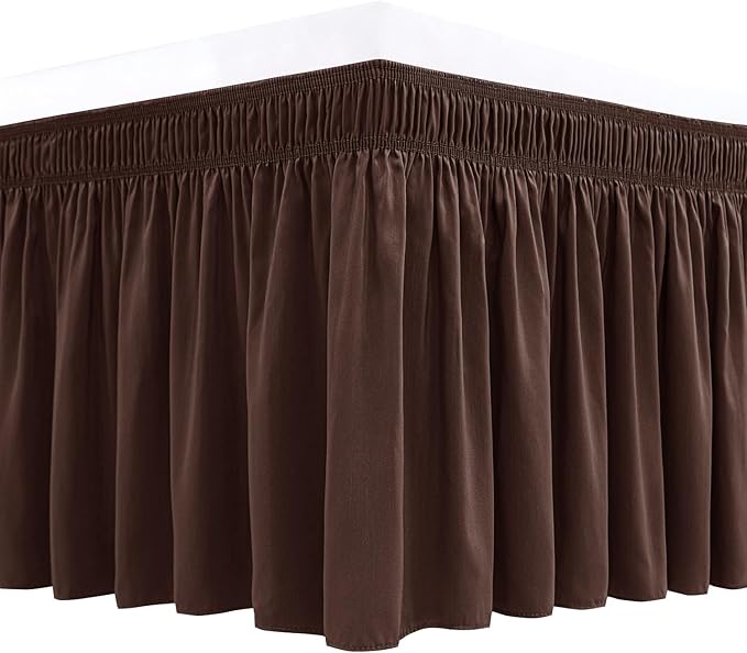 Biscaynebay Wrap Around Bed Skirts for Queen Beds 11" Short Drop, Brown Adjustable Elastic Dust Ruffles Easy Fit Wrinkle Resistant Silky Luxurious Fabric Machine Washable