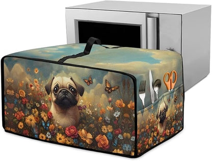 Cute Pug Dog Floral Butterfly Print Microwave Oven Dust Cover Dust Cover for Microwave Oven Universal Foldable Small Appliance Dust Covers Dirt and Fingerprint Protection, M