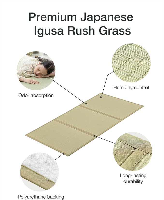 FULI Japanese Tatami Mattress, Tatami Rug, Igusa Mat (Japanese Rush Grass) Folds in Three, Made in Japan (Natural, Twin)