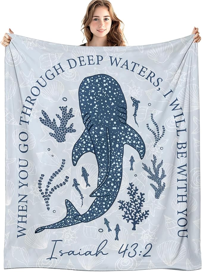 Christian Whale Blanket, Ocean Coastal Beach Bible Verse Throw Blankets for Home Bedroom Living Room Couch Bed Decor, Blue Religious Scripture Blanket, Christian Gifts for Women Men, 50x60 Inch