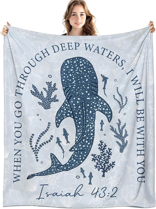 Christian Whale Blanket, Ocean Coastal Beach Bible Verse Throw Blankets for Home Bedroom Living Room Couch Bed Decor, Blue Religious Scripture Blanket, Christian Gifts for Women Men, 50x60 Inch