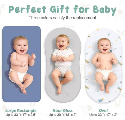 3 Pack Stretchy Bassinet Sheets - Universal Fit for Rectangle, Round, Oval, Hourglass Cradles & Moses Baskets - Soft Breathable Fitted Bassinet Sheets Set for Baby - Blue & Grey Star