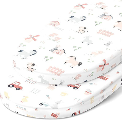 Bassinet Sheets Compatible with 4moms Mamaroo Sleep Bassinet - Fits 18 x 30 Inch Oval Bassinet Mattress – Snuggly Soft 100% Jersey Cotton – 2 Pack – Farm Animals – 2 Pack