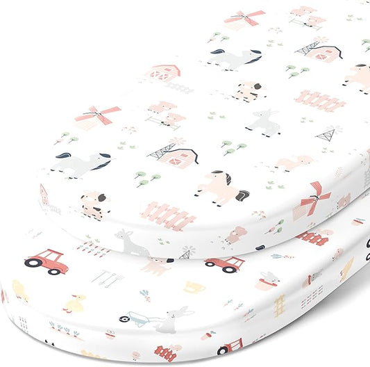 Bassinet Fitted Sheets Compatible with SNOO Happiest Baby Oval Bassinet – Snuggly Soft 100% Jersey Cotton – Farm Animals – 2 Pack