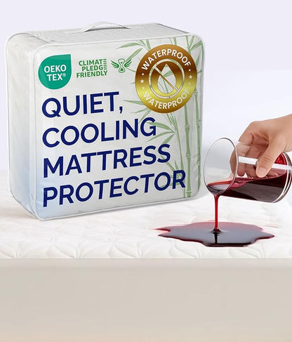 Waterproof Cooling Mattress Protector - Mattress Cover Full Size Bed - Viscose Made From Bamboo - Soft, Breathable, Noiseless & Washable - Fitted Sheet Style & All Round Protection - (54" x 75") White