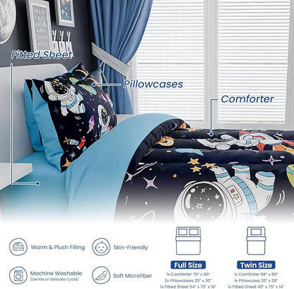 SANDJEST Astronaut Bedding Sets for Boys, Ultra Soft Microfiber Comforter Full Size Set with 4-Pieces, Comforters for Kids Children Boy Bedroom Decor