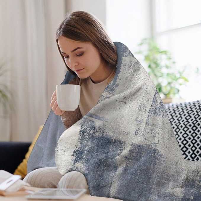 Abstract Gradient Blanket, Modern Fashion Art Blue Grey Painting Strokes Pattern Soft Warm Cozy Plush Flannel Covers for Livingroom Bedroom Couch Chair Camping Travel Home Decor Tapestry 50x60in