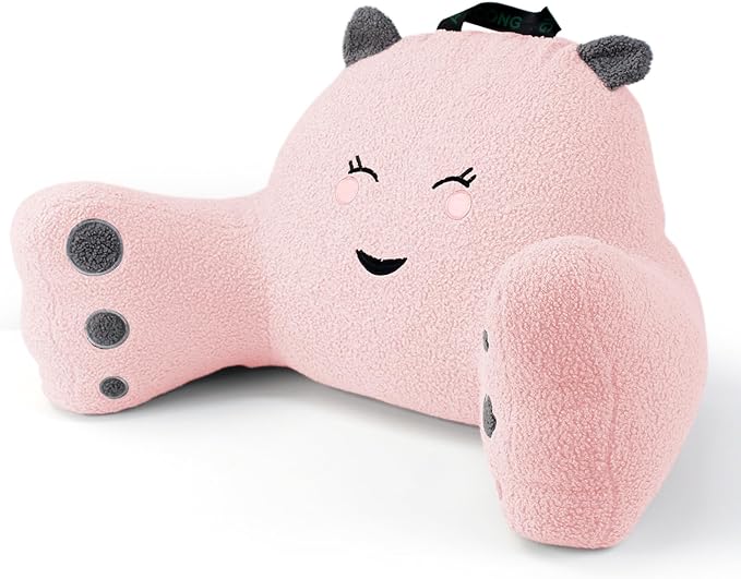 Reading Pillow for Sitting in Bed Couch Teens/Adult, Back Rest Pillow for Sitting Up in Bed with Shredded Memory Foam, Includes Arms and Washable Cover (Pink)