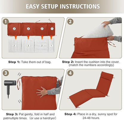 Chaise Lounge Cushion 80x26x3 Inch ?Set of 2 Outdoor Lounge Chair Cushions, Lounger Pad Replacement with Fade-Resistant, Removable & Machine-Washable Covers, Ideal for Patio Chaise Chairs, Rust