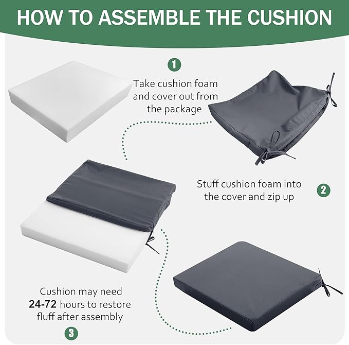 Outdoor Chair Cushions Set of 2: Waterproof & Fade Resistant Deep Seat Cushion for Patio Furniture - 24 x 24 Inch Chair Pads with Ties and Hidden Zipper - Patio Chair Cushion Replacement, Dark Grey